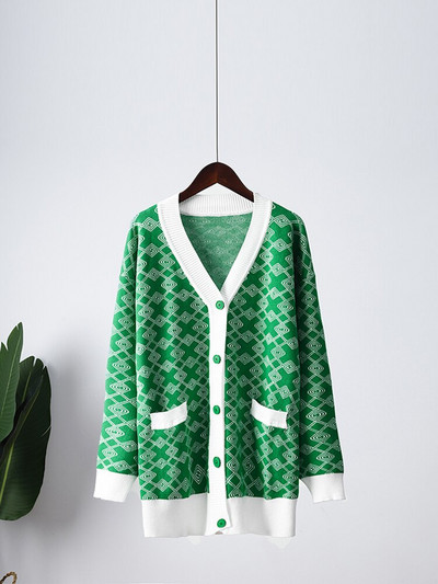 Sieviešu V veida kakla rūtainas drukas trikotāžas jaciņa modes sieviešu pogas ikdienas džemperis ar garām piedurknēm džemperis ar kabatu 2022. gada rudens