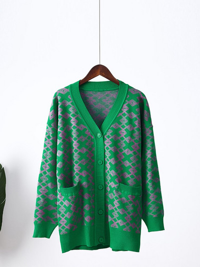 Sieviešu V veida kakla rūtainas drukas trikotāžas jaciņa modes sieviešu pogas ikdienas džemperis ar garām piedurknēm džemperis ar kabatu 2022. gada rudens