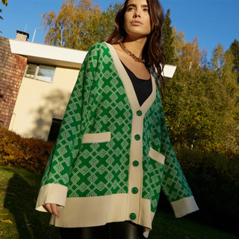 Sieviešu V veida kakla rūtainas drukas trikotāžas jaciņa modes sieviešu pogas ikdienas džemperis ar garām piedurknēm džemperis ar kabatu 2022. gada rudens