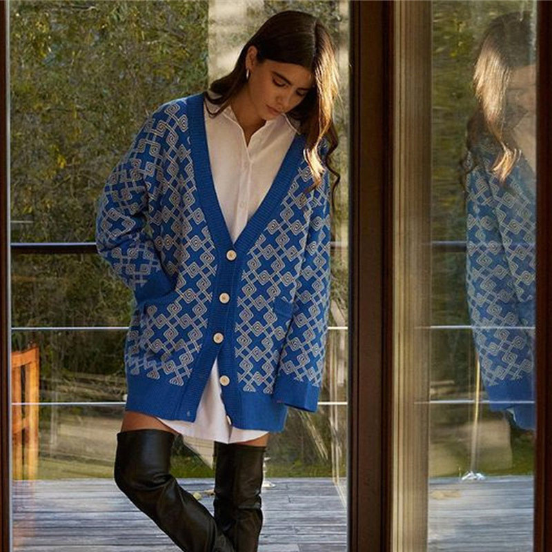 Sieviešu V veida kakla rūtainas drukas trikotāžas jaciņa modes sieviešu pogas ikdienas džemperis ar garām piedurknēm džemperis ar kabatu 2022. gada rudens