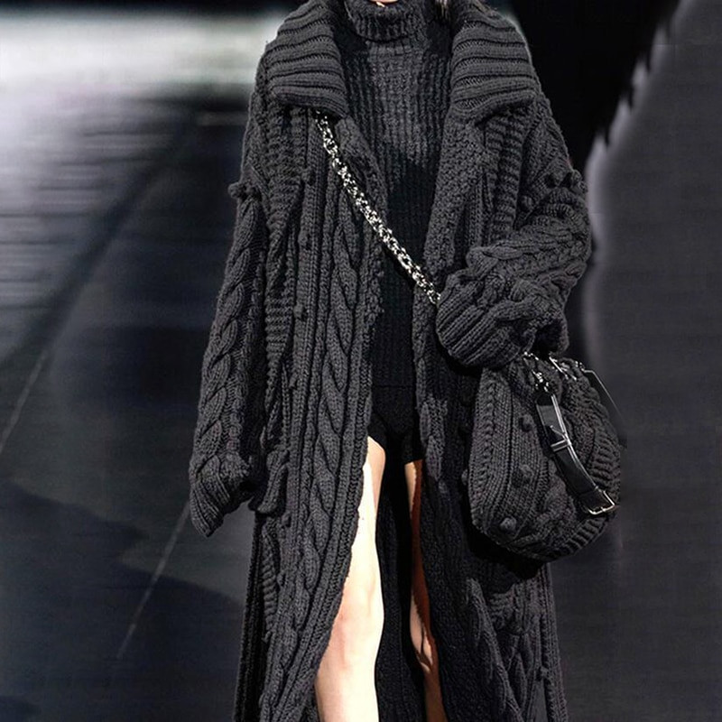 ZJZLL 2021 m. mados europietiškas ir amerikietiškas ilgas megztinis moteriškas rudens žiemos Twist megztas laisvas paltas