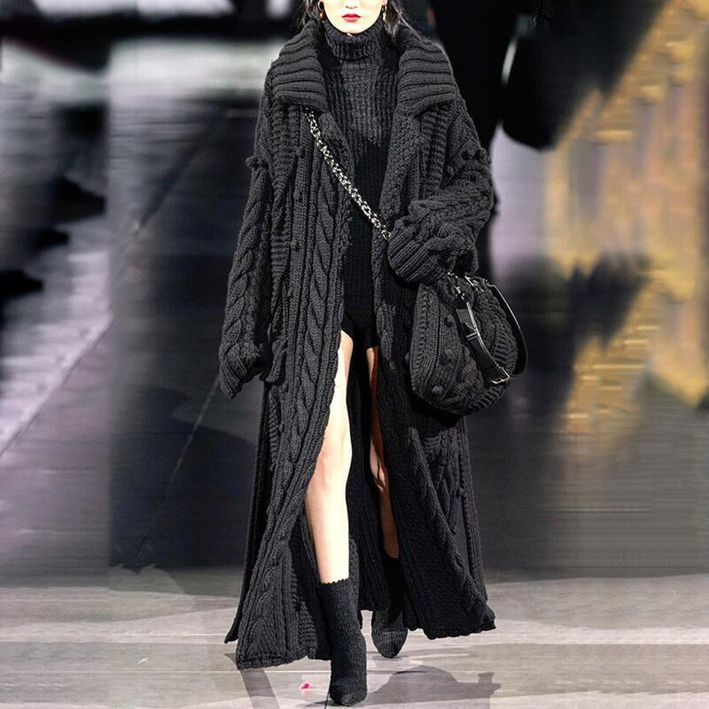ZJZLL 2021 m. mados europietiškas ir amerikietiškas ilgas megztinis moteriškas rudens žiemos Twist megztas laisvas paltas