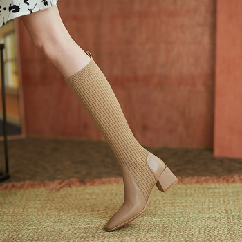 Дамски ботуши на висок ток 2022 Есен Зима Модни плетене Еластични ботуши Дамски ретро дълги ботуши Средни чорапи Ботуши Botas Mujer