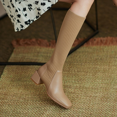 Дамски ботуши на висок ток 2022 Есен Зима Модни плетене Еластични ботуши Дамски ретро дълги ботуши Средни чорапи Ботуши Botas Mujer