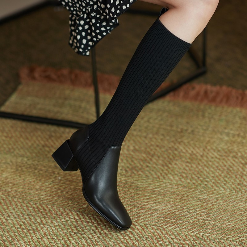 Naiste kõrge kontsaga saapad 2022, sügistalvine mood Kudumine Stretch-saapad Naiste retrosaapad, keskmised sokisaapad Botas Mujer