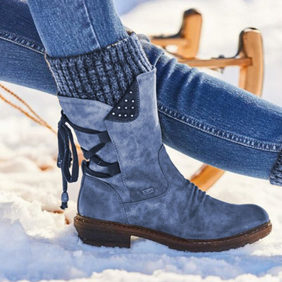 2022 Дамски зимни ботуши до средата на прасеца Flock Зимни обувки Дамски модни ботуши за сняг Обувки Високи до бедрото Велур Топли Botas