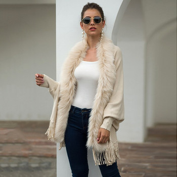 LOGAMI Fake Fur Collar Cardigan Poncho Tassel Coat 2021 Women Casual Loose Shall