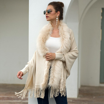 LOGAMI Fake Fur Collar Cardigan Poncho Tassel Coat 2021 Women Casual Loose Shall