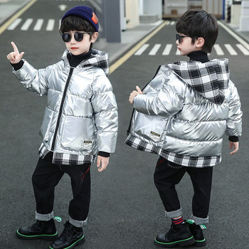 Голям размер решетъчен дизайн Зимно яке за момчета Устойчиво на петна Ярка повърхност Дебела Затоплящо връхно облекло с качулка за деца Деца