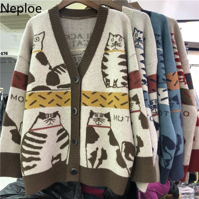Neploe Есен 2022 Дамски пуловер Облекло Модна котешка животинска жилетка Дамски големи топове Корейски плетени пуловери Палто Pull Femme
