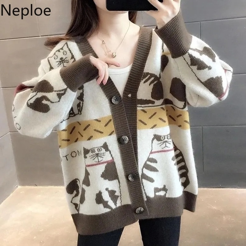 Neploe Jesen 2022. Ženski pulover Odjeća Modni kardigan s mačkama i životinjama Ženske prevelike majice Korejski pleteni džemperi Kaput Pull Femme