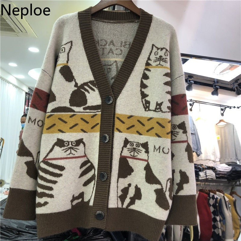Neploe Jesen 2022. Ženski pulover Odjeća Modni kardigan s mačkama i životinjama Ženske prevelike majice Korejski pleteni džemperi Kaput Pull Femme