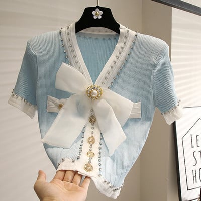 Kiváló minőségű őszi újdonság divat női V-nyakú hosszú ujjú luxus gyöngyökkel díszített Kötés Kardigán pulóver Női felsők