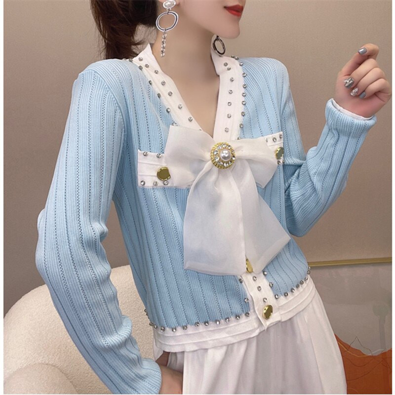 Kiváló minőségű őszi újdonság divat női V-nyakú hosszú ujjú luxus gyöngyökkel díszített Kötés Kardigán pulóver Női felsők
