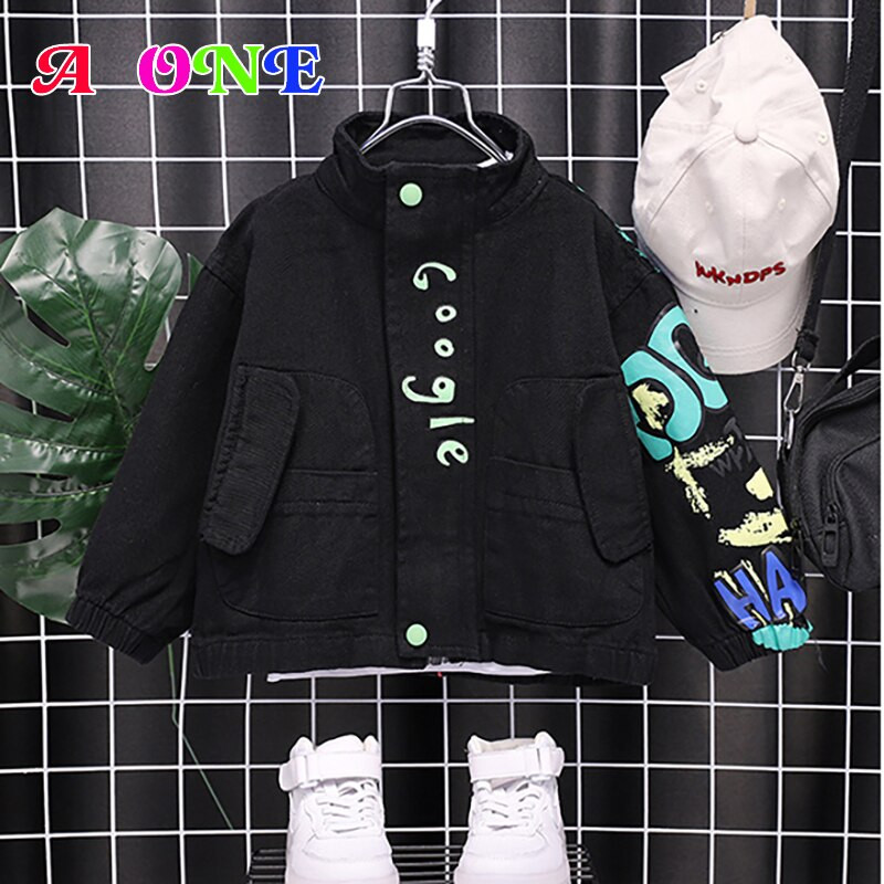 Mazuļu jaka 2020. gada pavasara rudens modes melna džinsu jaka Bērnu jaka Ikdienas bērnu apģērbi Zēnu apģērbi Vēstule 2T līdz 10T YRS