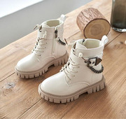 Bērni Silti Zābaki Mīkstas zoles Meitenes Modes Zābaki Rudens Ziema Britu Stils Zēniem Ādas Zābaki Studentu Metāla Ķēdītes Kurpes