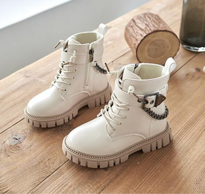 Bērni Silti Zābaki Mīkstas zoles Meitenes Modes Zābaki Rudens Ziema Britu Stils Zēniem Ādas Zābaki Studentu Metāla Ķēdītes Kurpes