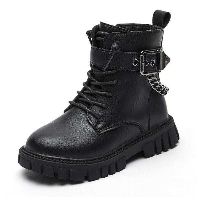 Bērni Silti Zābaki Mīkstas zoles Meitenes Modes Zābaki Rudens Ziema Britu Stils Zēniem Ādas Zābaki Studentu Metāla Ķēdītes Kurpes