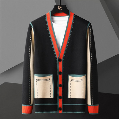 Висококачествена жилетка за плетене на линии с контрастни цветове, мъжка жилетка с дълъг ръкав, тесен пуловер, жилетка, мъжка дреха, палто