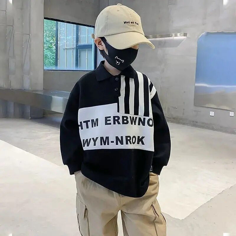 Baby Boys Letter Polo krekls ar apdruku džemperis, 2022. gada pavasaris, jauni bērnu labākie tērpi pusaudžiem, bērnu atloks, svītrains, garām piedurknēm