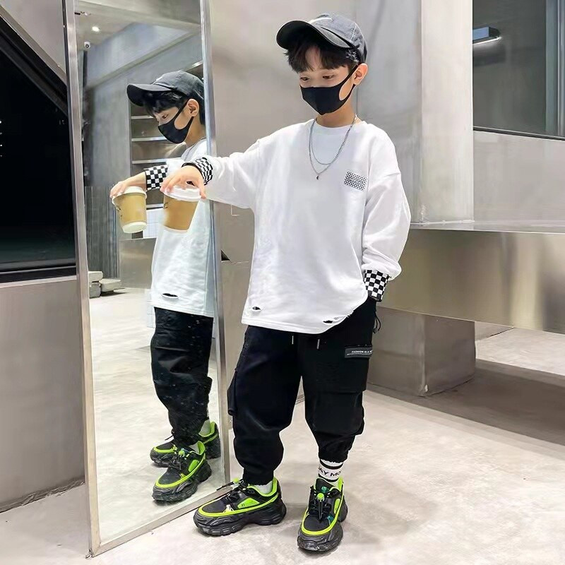 Fiúk pulóverek tavasz ősz gyerekek gyerekek fehér pamut pulóver tinédzser felsők hosszú ujjú póló Ruhák 6 7 8 10 12 13 14 év