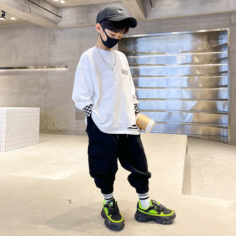 Fiúk pulóverek tavasz ősz gyerekek gyerekek fehér pamut pulóver tinédzser felsők hosszú ujjú póló Ruhák 6 7 8 10 12 13 14 év