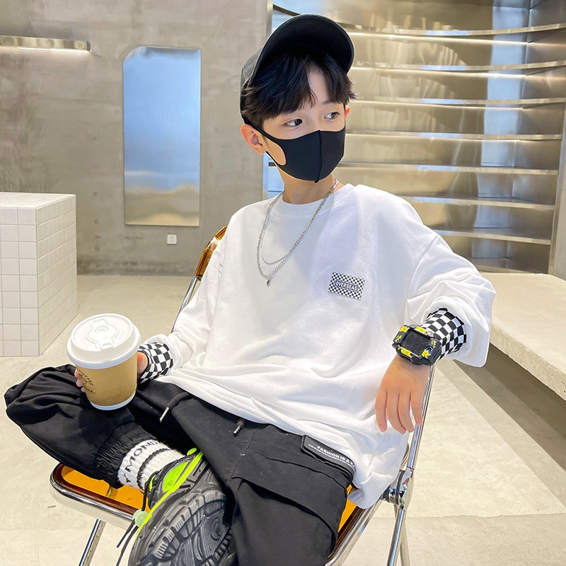 Fiúk pulóverek tavasz ősz gyerekek gyerekek fehér pamut pulóver tinédzser felsők hosszú ujjú póló Ruhák 6 7 8 10 12 13 14 év