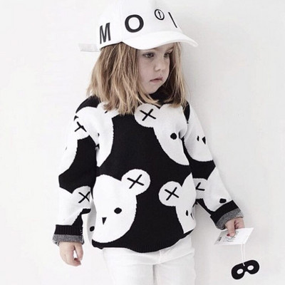 Jauns 2022. gada Zēnu, meiteņu apģērbs, jauka multfilma, kokvilna, adīšana, modes bērni, melnbalts, lāču džemperis, zēnu džemperis, bērnu mētelis