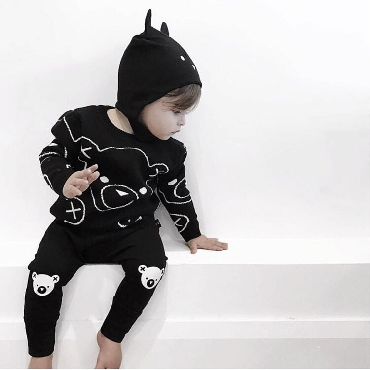 Jauns 2022. gada Zēnu, meiteņu apģērbs, jauka multfilma, kokvilna, adīšana, modes bērni, melnbalts, lāču džemperis, zēnu džemperis, bērnu mētelis