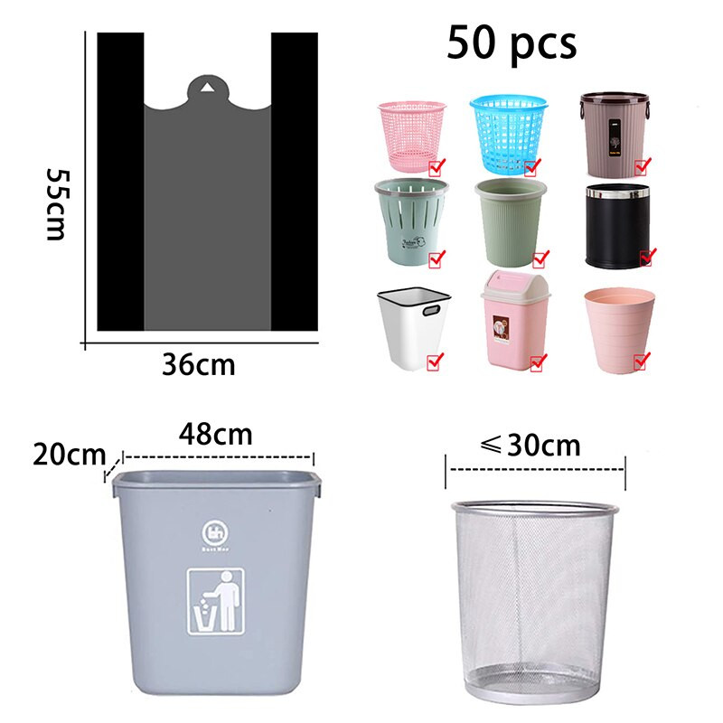50 vnt Šiukšlių maišai Rankena buitinis vienkartinis juodas šiukšlių maišelis Nešiojamas sutirštintas plastikinis maišelis Virtuvės šiukšlių dėžės šiukšlių maišai