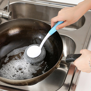 Домакинска четка за почистване на телена топка от неръждаема стомана Четка за гърне Артефакт Обезмаслител за мивка с дълга дръжка Инструменти за почистване на кухня