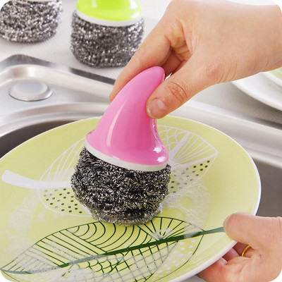 Virtuves tīrīšanas rokturis trauku mazgāšanas birstes nerūsējošā tērauda stiepļu lodīšu pods Clean birste trauku mazgāšanas birstes rīku piederumi