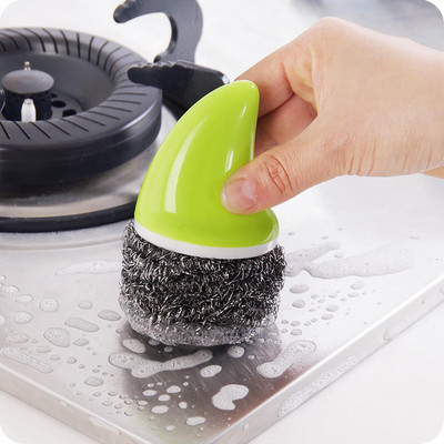 Virtuves tīrīšanas rokturis trauku mazgāšanas birstes nerūsējošā tērauda stiepļu lodīšu pods Clean birste trauku mazgāšanas birstes rīku piederumi