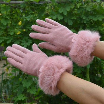 Γυναικεία γάντια με χνούδι και κορδέλα