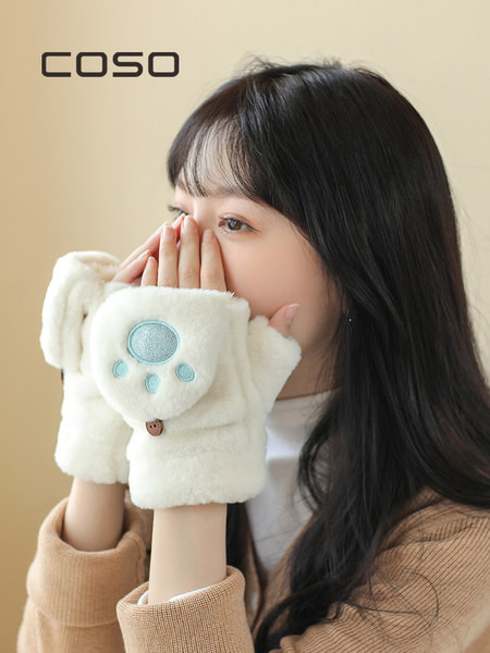 Sieviešu plīša cimdi ar pogu un apdruku