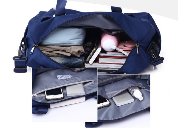 Ceļošanai piemērota tekstila soma ar emblēmu