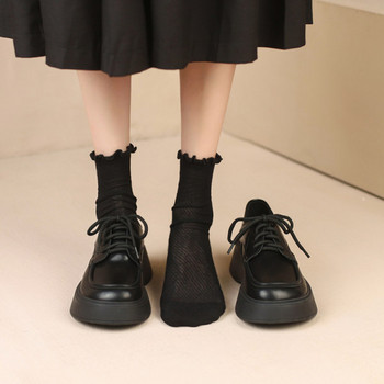 Дамски кожени обувки с груба подметка -черен цвят