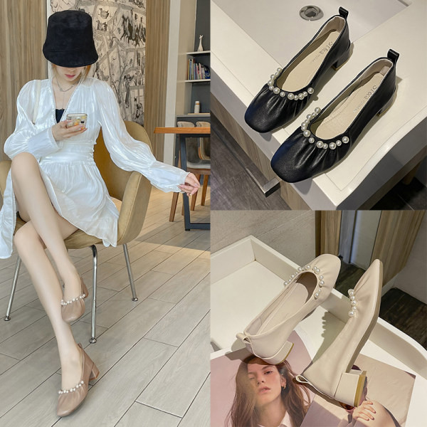 Ženske moderne cipele sa debelom četvrtastom petom 4cm i perlama