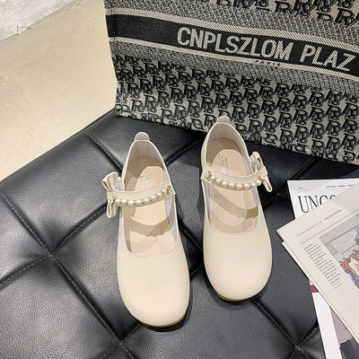 Retro sieviešu apavi no eko ādas ar pērlēm un lentīti