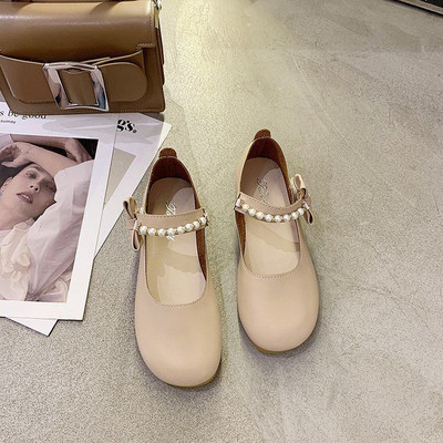 Retro sieviešu apavi no eko ādas ar pērlēm un lentīti