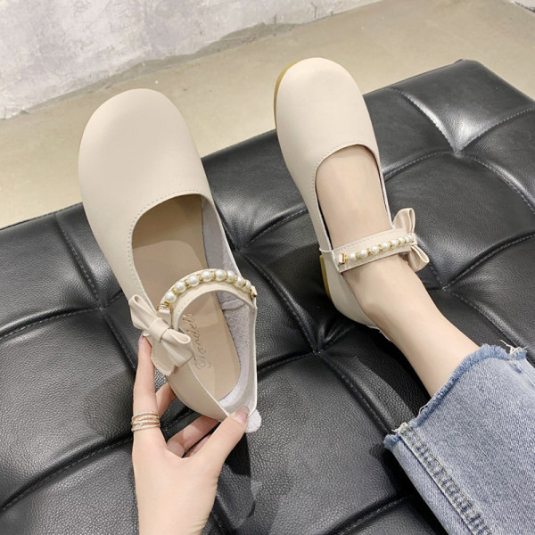 Retro sieviešu apavi no eko ādas ar pērlēm un lentīti