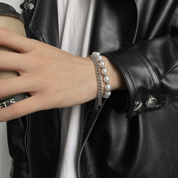 Alkalmi férfi karkötő dupla réteg gyöngyökkel