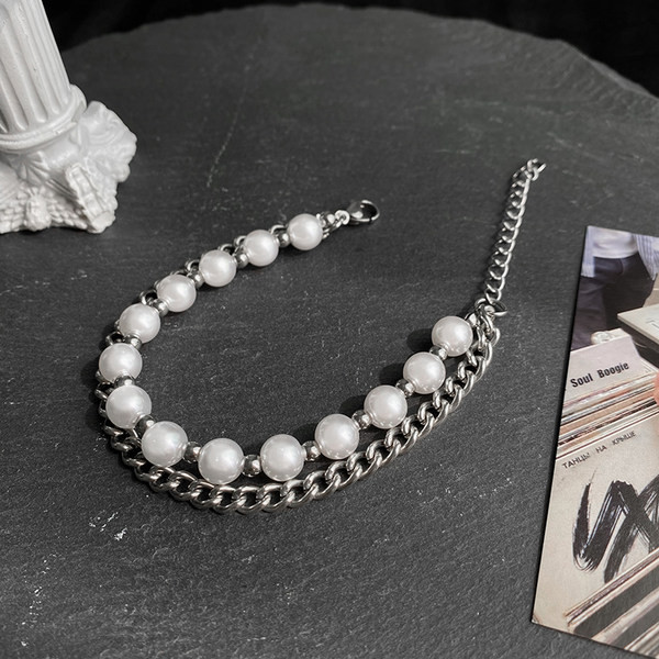 Alkalmi férfi karkötő dupla réteg gyöngyökkel