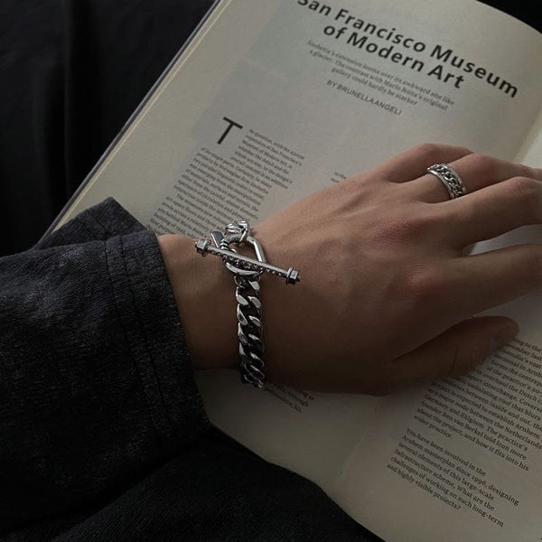 Ezüst fonott férfi karkötő