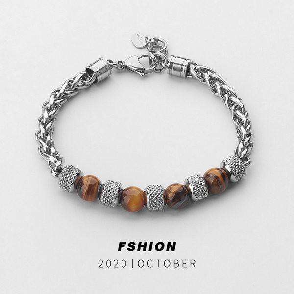 Férfi acél karkötő gyöngyökkel