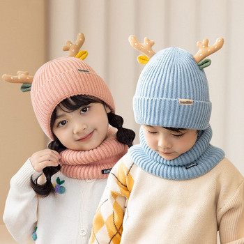 Детски плетен комплект от шапка и шал с 3D елемент за момчета и момичета