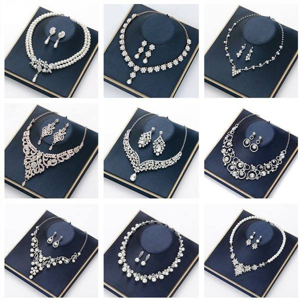 Elegants sieviešu auskaru un kaklarotas komplekts ar vairākiem modeļiem ar pērlēm un akmeņiem