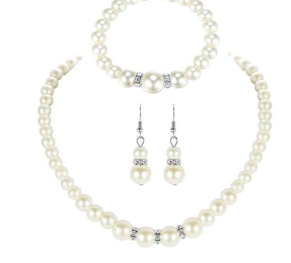 Sieviešu formāla pērļu kaklarota, rokassprādze un auskaru komplekts