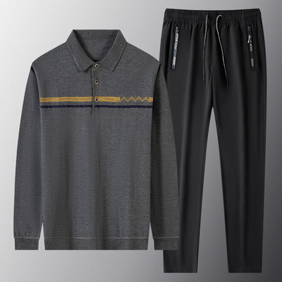 Ανδρική casual μπλούζα με γιακά και σετ δεμένο παντελόνι