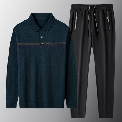 Ανδρική casual μπλούζα με γιακά και σετ δεμένο παντελόνι